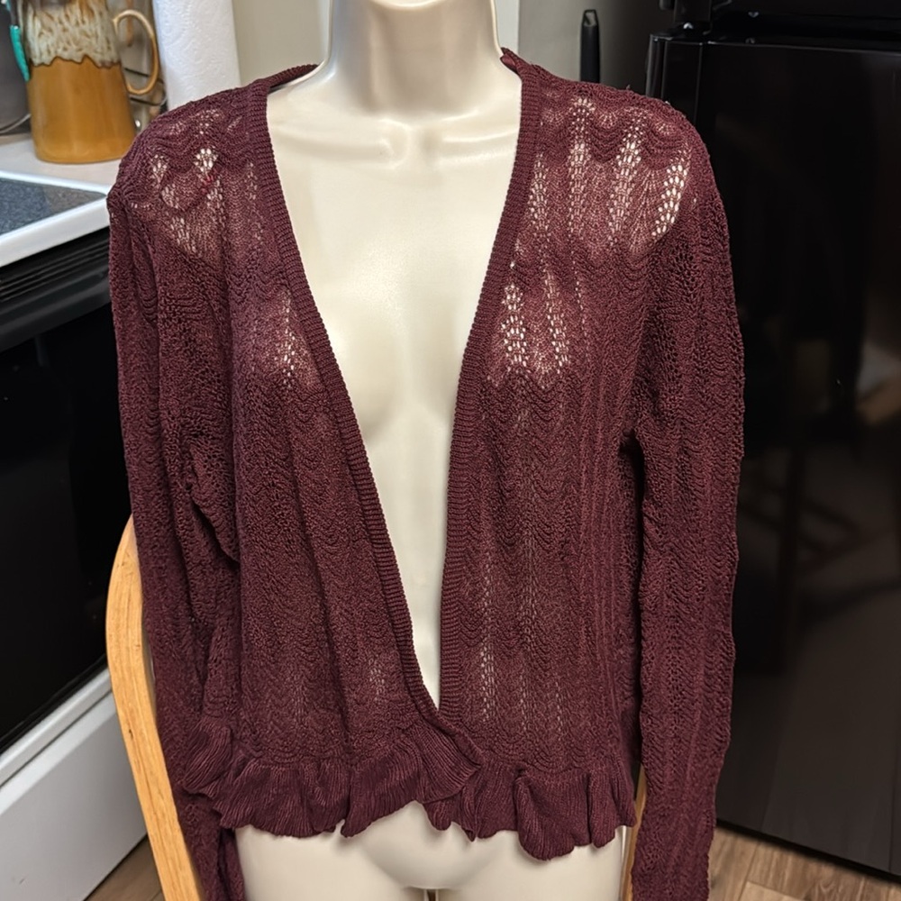 Knox rose NWT L BURGUNDY OPEN KNIT LONG SLEEVE LIGHTWEIGHT SWEATER SHRUG